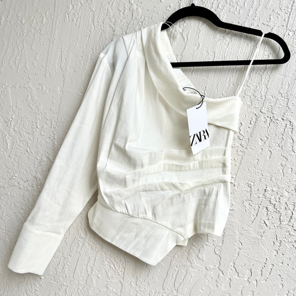 NWT Zara One Shoulder Asymmetrical Pleated Linen Blend Top White Women XS - Picture 3 of 8